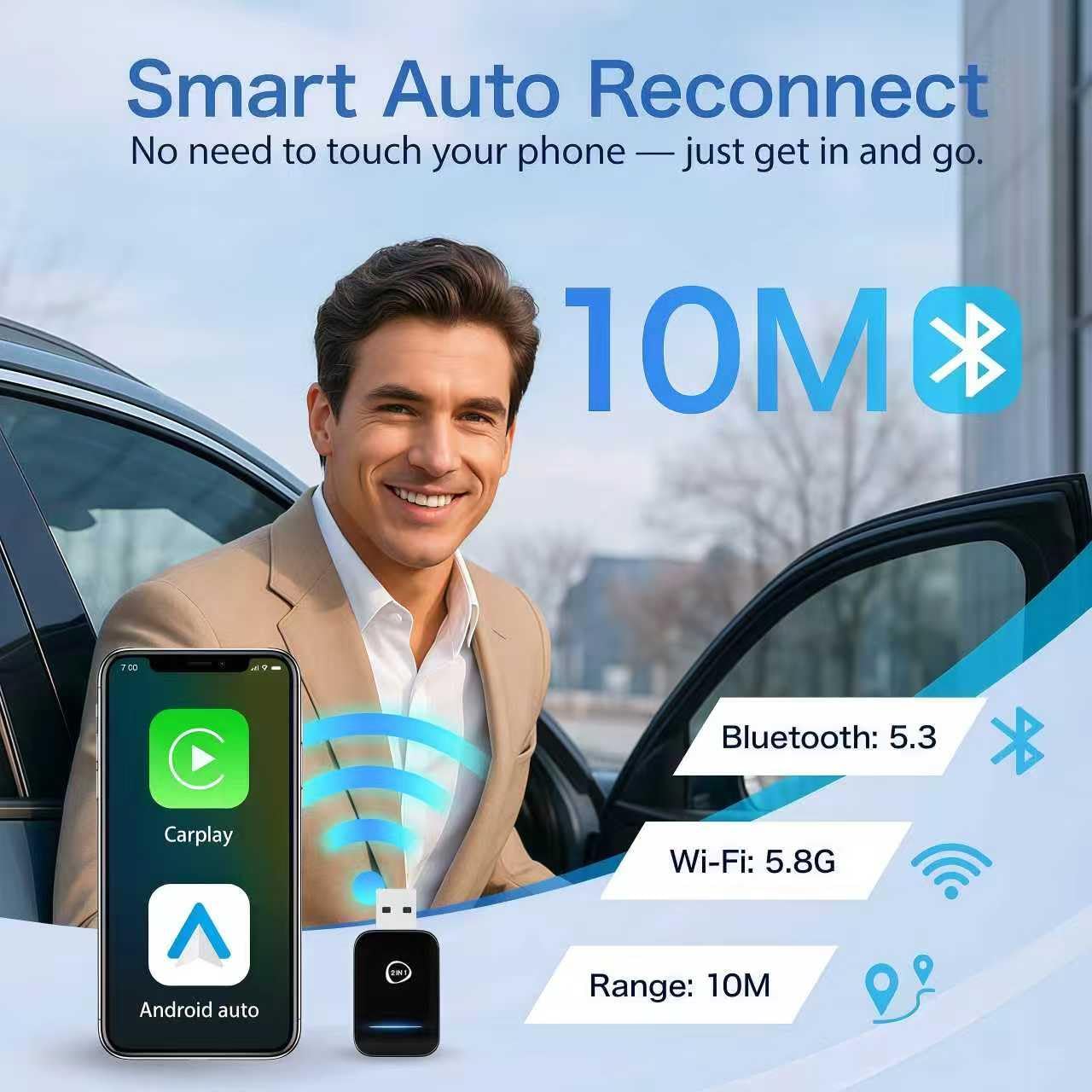 Bezprzewodowy adapter Bluetooth CarPlay do iPhone'a i Android Auto, konwertuje przewodowy na bezprzewodowy, Plug & Play CarPlay Dongle z USB i USB-C/Type-C - kompatybilny z modelami iOS 10+ i
