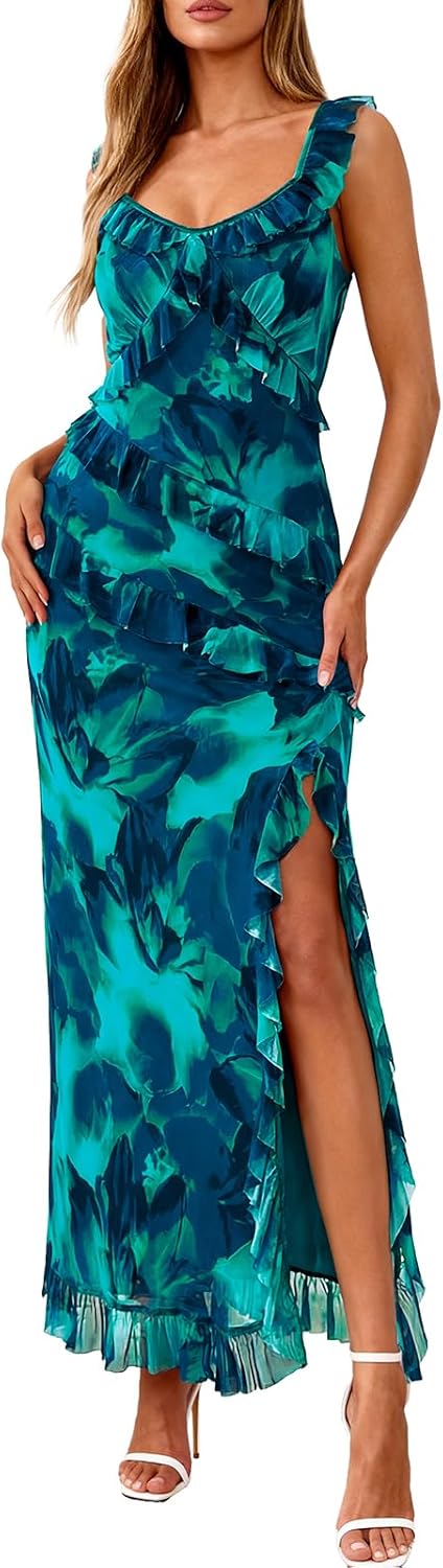 PRETTYGARDEN Women's Summer Spaghetti Strap Maxi Dress Sleeveless Side Slit Mesh Cocktail Dresses Beach Vacation Sundress