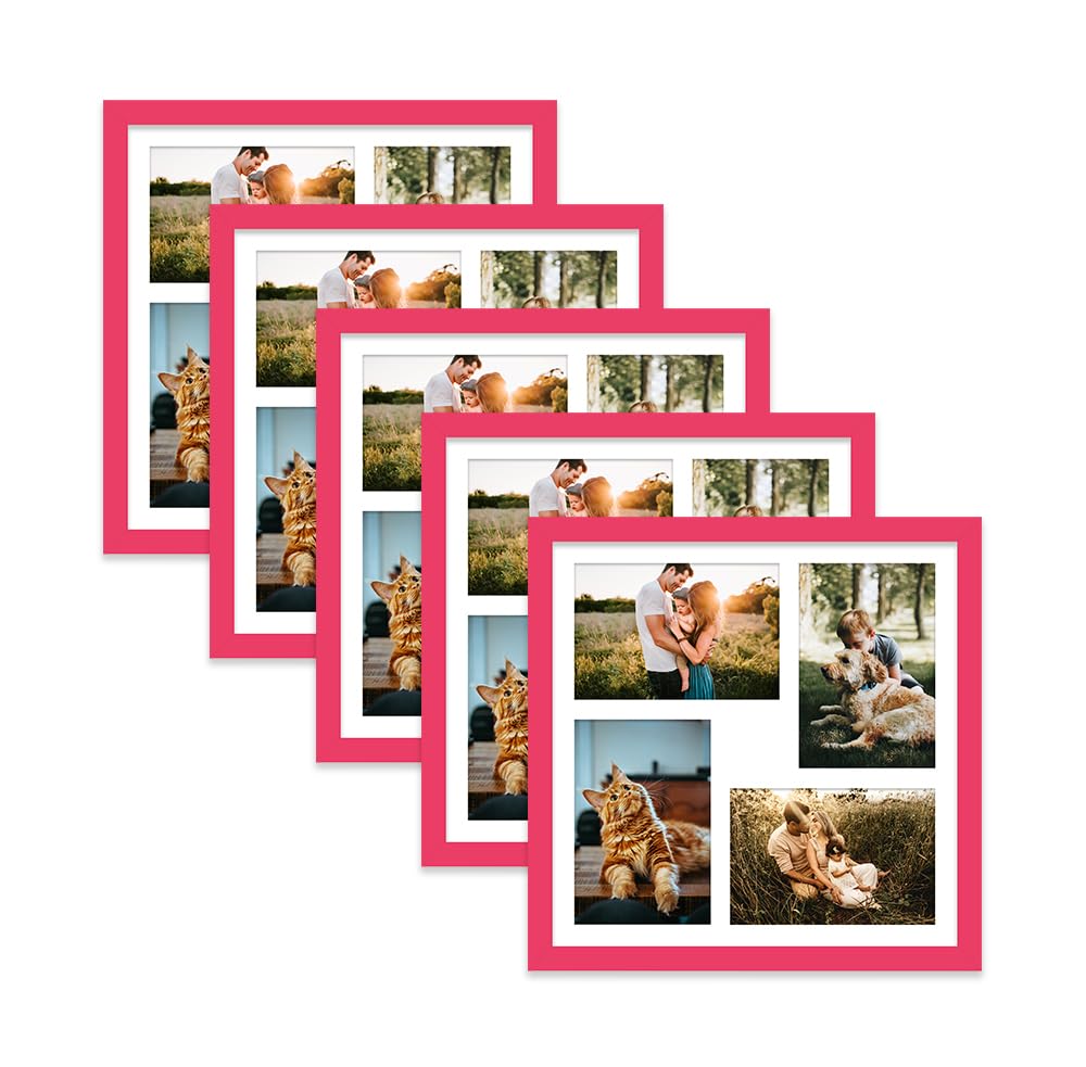 Bright Pink Multi Photo Frame - Holds 4 x 6x4 Pictures, Family Collage Picture Frame for Wall Display, 12x12 Frame size, Set of 5