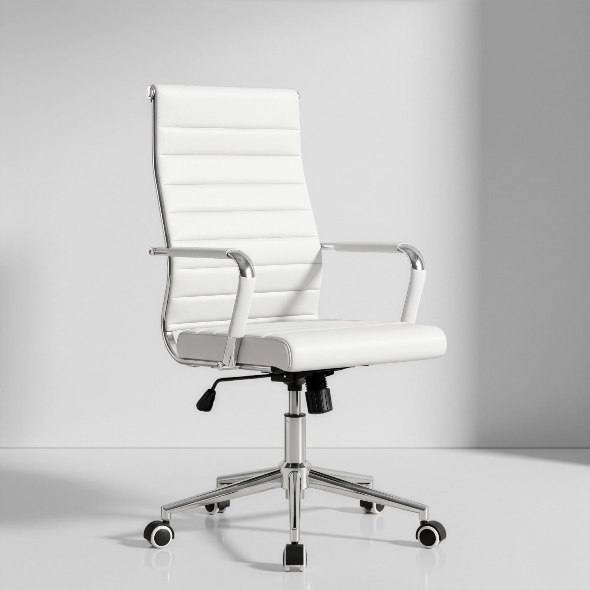 Okeysen White Office Desk Chair, Ergonomic Leather Modern Conference Room Chairs, Executive Ribbed Height Adjustable Swivel Rolling Chair for Home Office.