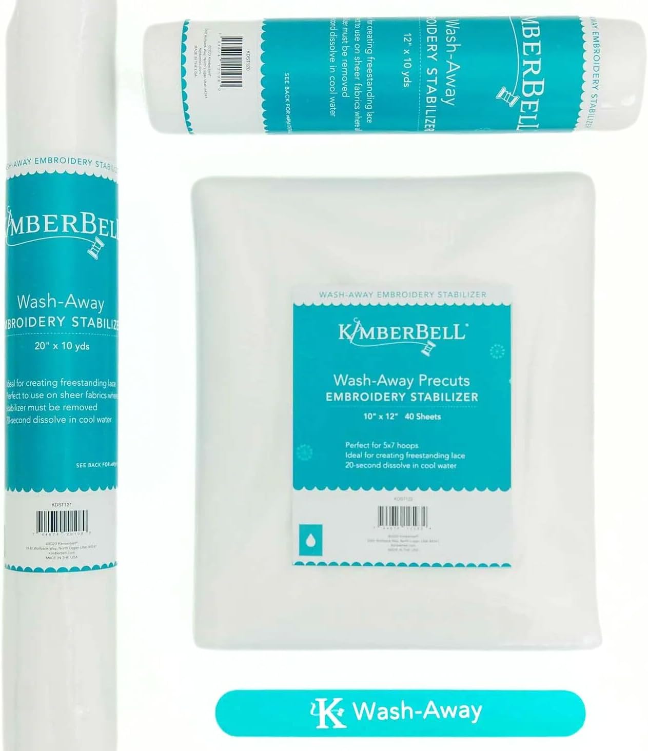Kimberbell Wash-Away Embroidery Stabilizer – 12" x 10 Yards – Ideal for Freestanding Lace, Cutwork & Sheer Fabrics – Fast-Dissolving Water-Soluble Backing for Machine Embroidery
