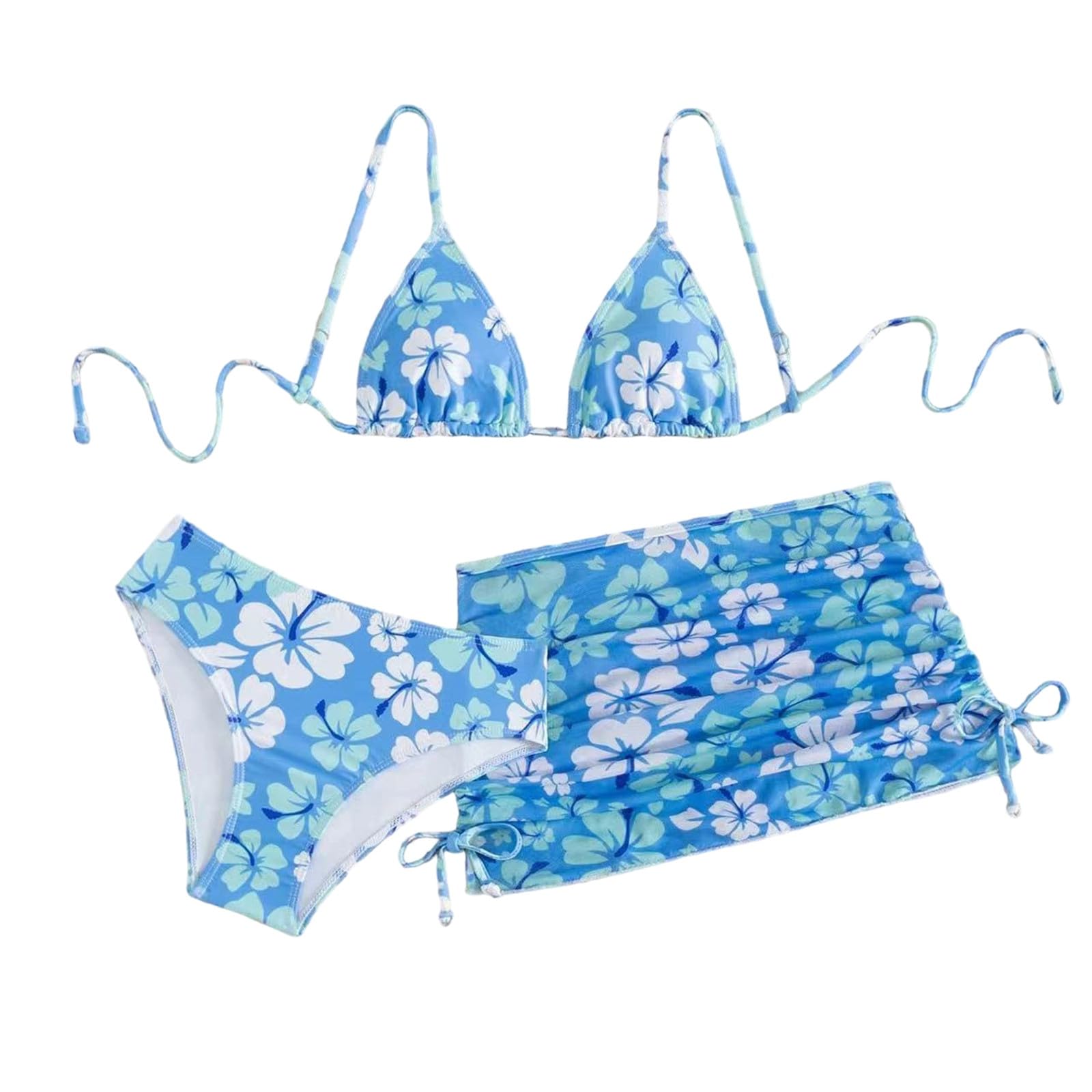 Conjunto de Bikini Niña 3 Piezas 7-14 Años Traje de Baño Niña Adolescente Natacion Bañador Piscina Trikini Tankini Deportivo Triangular y Bragas con Falda Flores Playa Vacaciones Verano