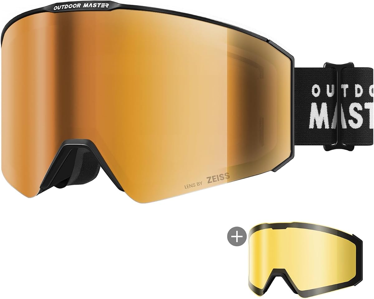 Gafas de esquí OutdoorMaster Falcon con lentes magnéticos intercambiables ZEISS | Ópticas diseñadas con precisión, antivaho, protección UV total, sin marco, espuma viscoelástica de triple capa, compatible con casco