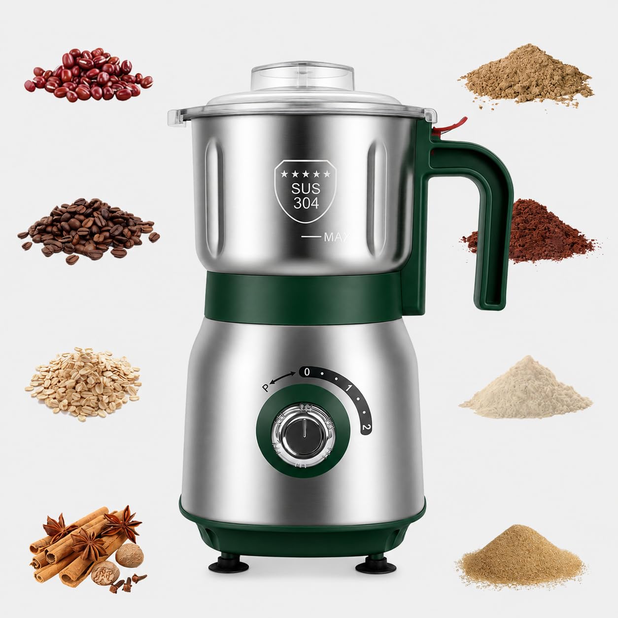 Electric Grinder for Kitchen - 500W Grain Mill with 3 Stainless Steel Blades, Versatile Spice Grinder for Coffee, Grinding Spices, Bean, Grains, Nuts,Wet & Dry Use(Green)