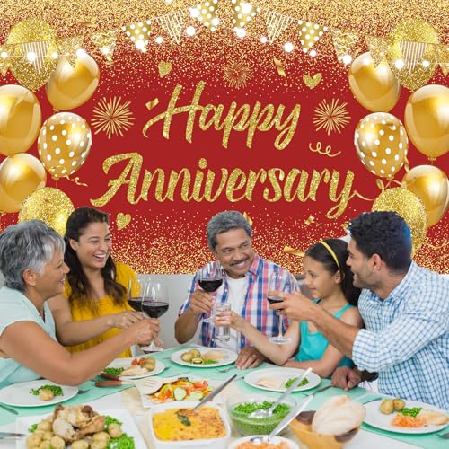 Image of Wedding Anniversary Banner Red Gold Happy Decorations for Women Men Party, Indoor Outdoor Decor Supplies 71 * 43 Inch