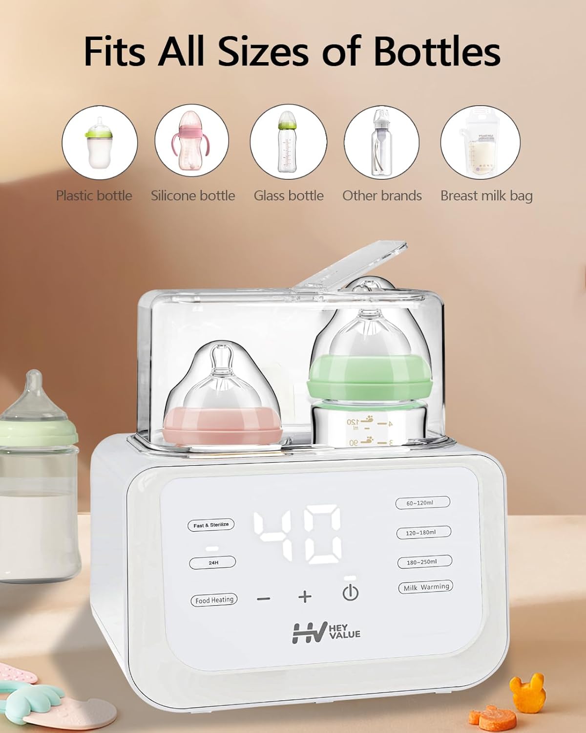 HEYVALUE W2 Bottle Warmer demonstrating compatibility with various bottle types