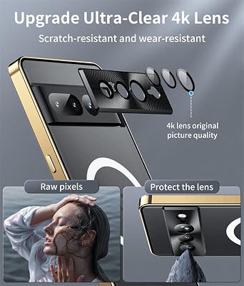 Shockproof Case Compatible with Google Pixel 7 Pro, Metal Frame Bumper Case + Matte PC Cover [Ultra Thin] [Scratch Resistant] with Lens Protection Support Magnetic Wireless Charger (Gold)