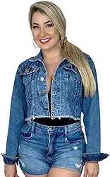 Jaqueta Jeans Feminina Cropped Com Strass Manga longa Luxo