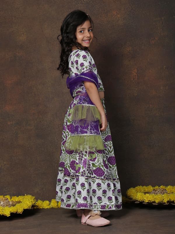 Image of superminis Girls Cotton Floral Printed Gotta Work 3 /4 Sleeves Flared Design Kurti & Sharara Set