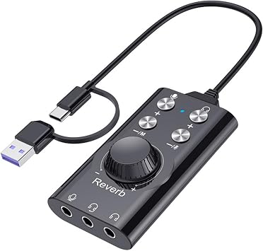 HOSONGIN Portable USB Audio Interface, Type-C to 3.5mm Audio Sound Card, Voice Changing Effects, Noise Reduction for PC, Mac, Phone, Gaming, Streaming, Recording