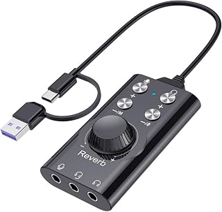 HOSONGIN Portable USB Audio Interface, Type-C to 3.5mm Audio Sound Card, Voice Changing Effects, Noise Reduction for PC, Mac, Phone, Gaming, Streaming, Recording