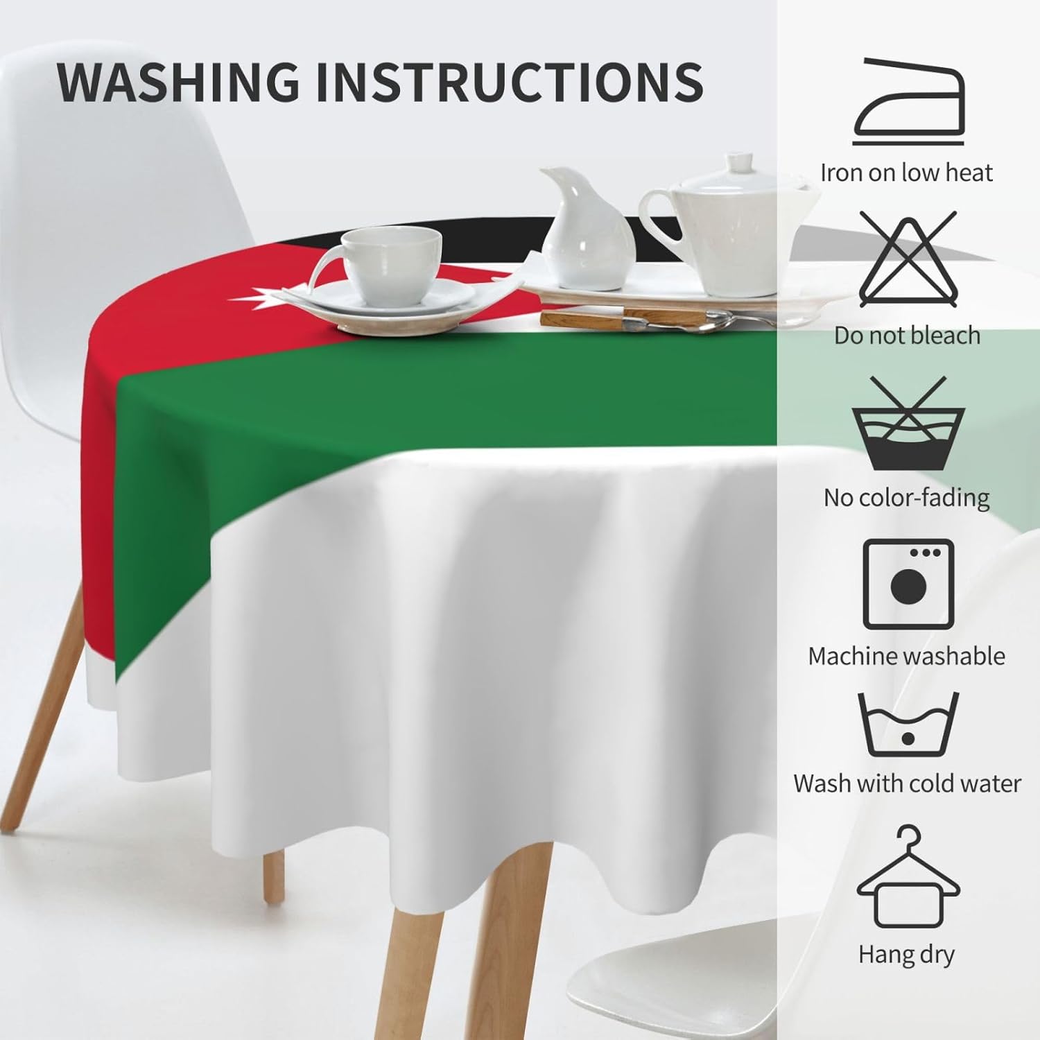 Jordanian Flag Print Wrinkle Free Dining Table Cover for Birthday Party Farmhouse Tablecloths Up to 60 x 60 Inches
