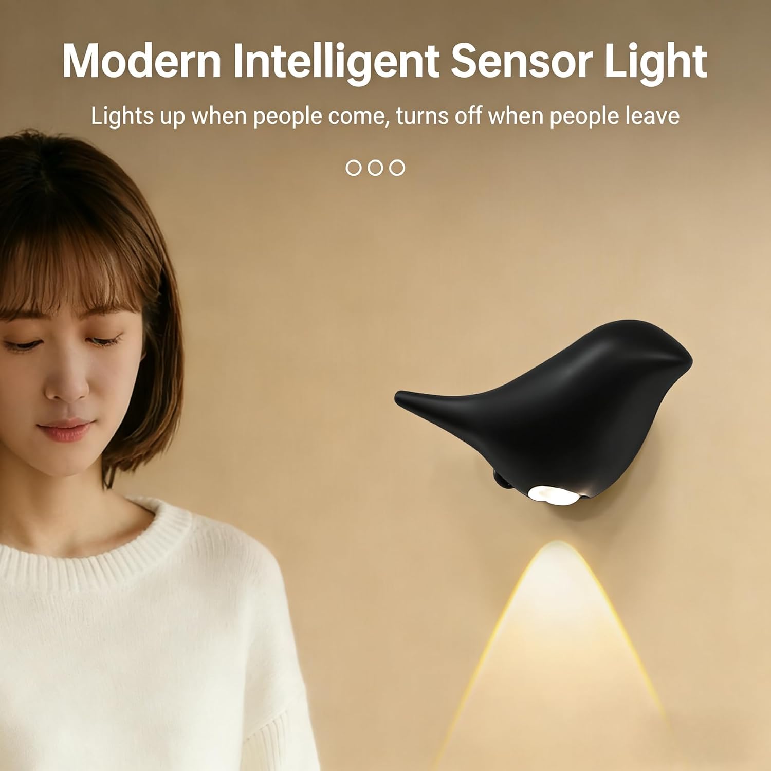 Modern Bird Motion Sensor Wall Light – Magnetic Wireless Night Light with 3 Color Modes (Warm/Neutral/White), Type-C Rechargeable LED Wall Sconce for Bedroom, Hallway, Nursery, Bathroom (Black)