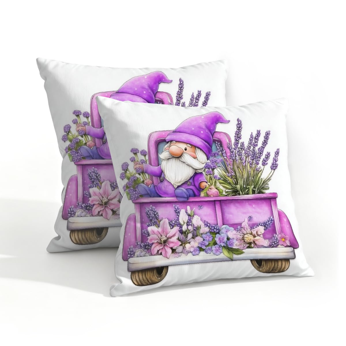 Outdoor Pillow Covers Waterproof Pillowcases 18x18IN Set of 2 Farm Lavender Floral Truck Gnome Decorative Throw Cushion Case for Couch Sofa Garden Patio Furniture