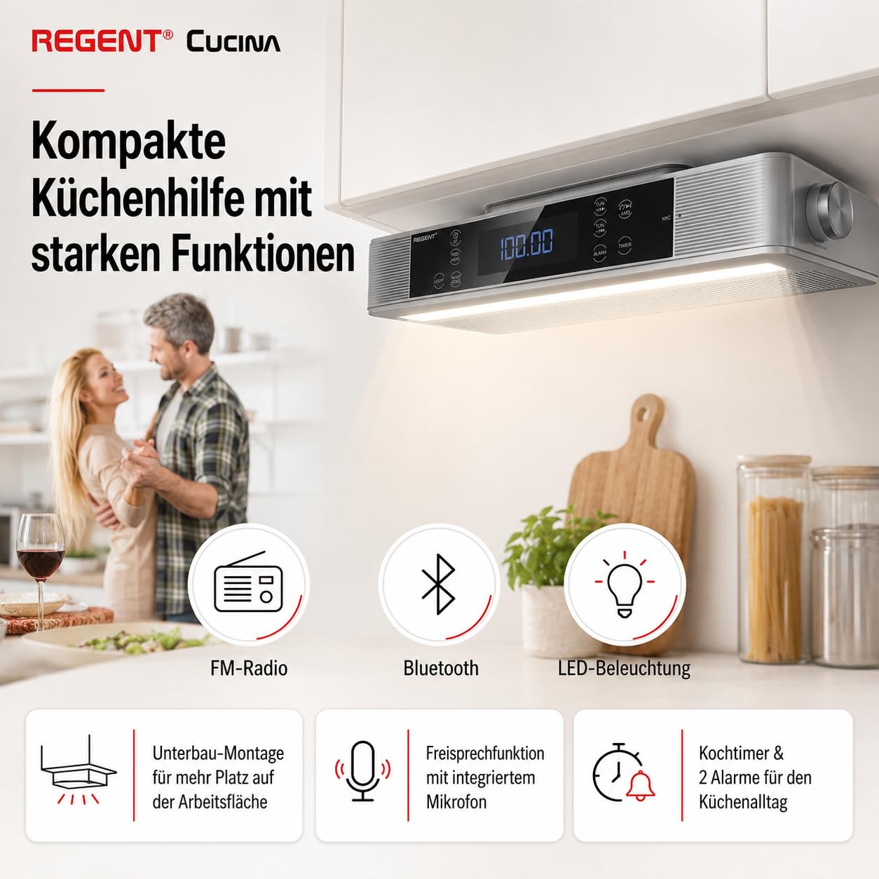 Regent Cucina Unterbau Küchenradio mit FM, Bluetooth, LED-Leiste, Farbdisplay, Küchentimer & 2 Wecker, perfektes Unterbauradio für die Küche, Farbe: Silber