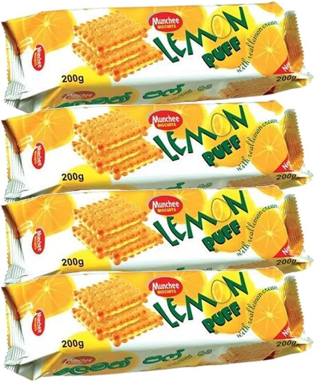 Munchee Lemon puff biscuits, Lemon flavoured cream, Sugar sprinkled Golden Biscuits, Sri Lankan Origin, 200g (LEMON PUFF, PACK OF 4)
