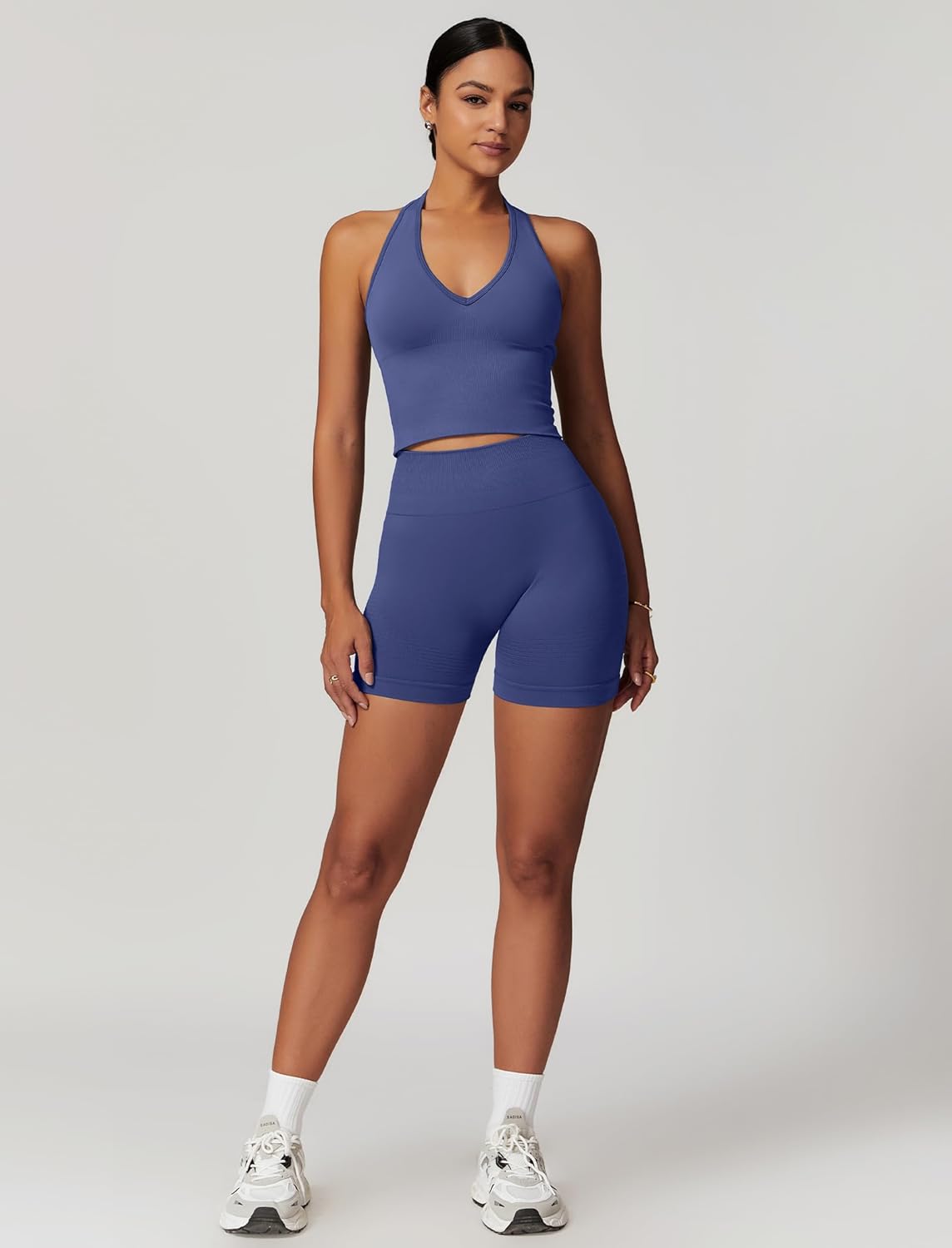 ABOCIW Workout Sets for Women 2 Piece Seamless Halter Cropped Tank Scrunch Butt Lifting High Waist Shorts Gym Sets - Image 5