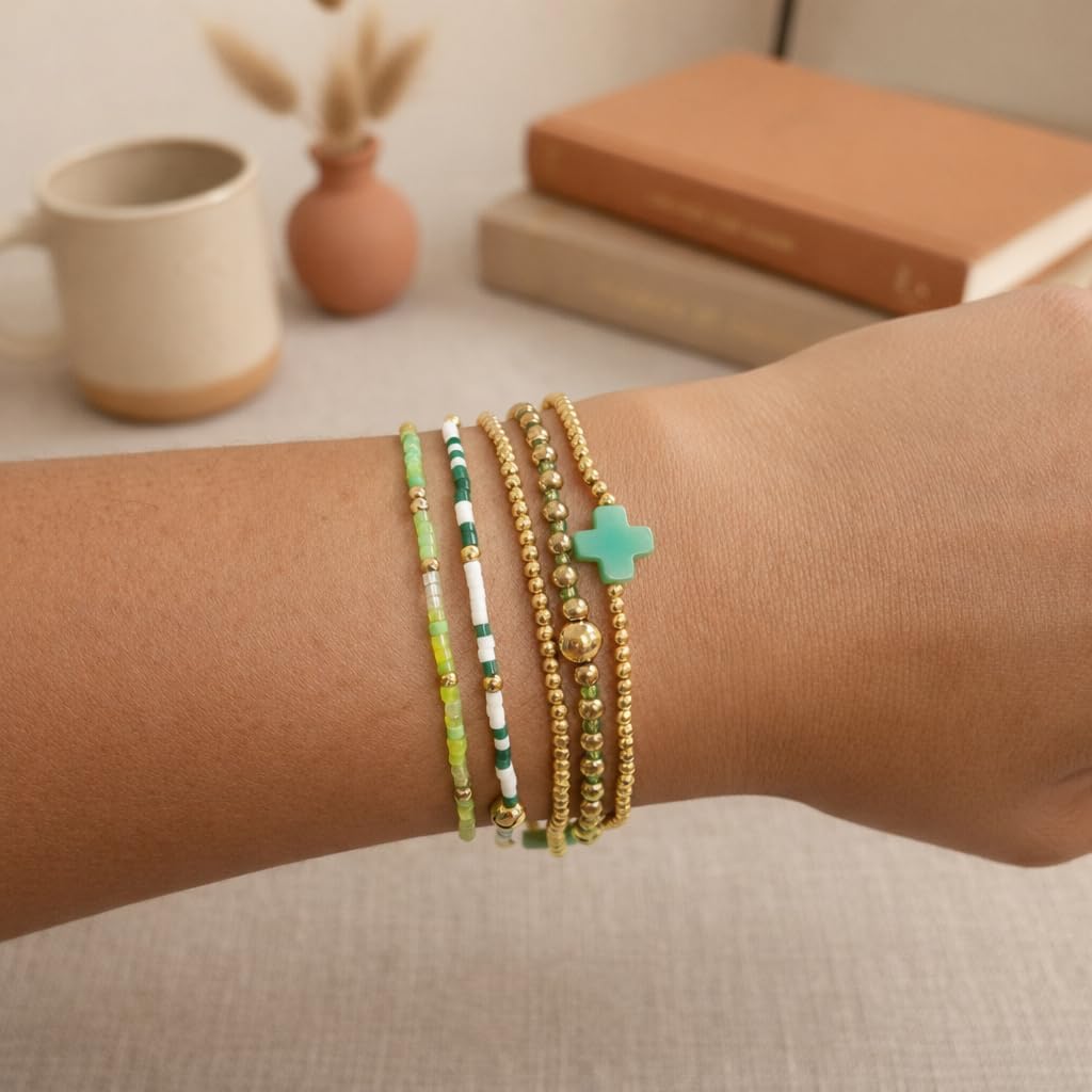Gold Beaded Cross Bracelet for Women, 14K Plated Adjustable Stackable Dainty Bracelets, Non Tarnish Fashion Jewelry Set Gifts for Women Birthday Friendship - Image 2