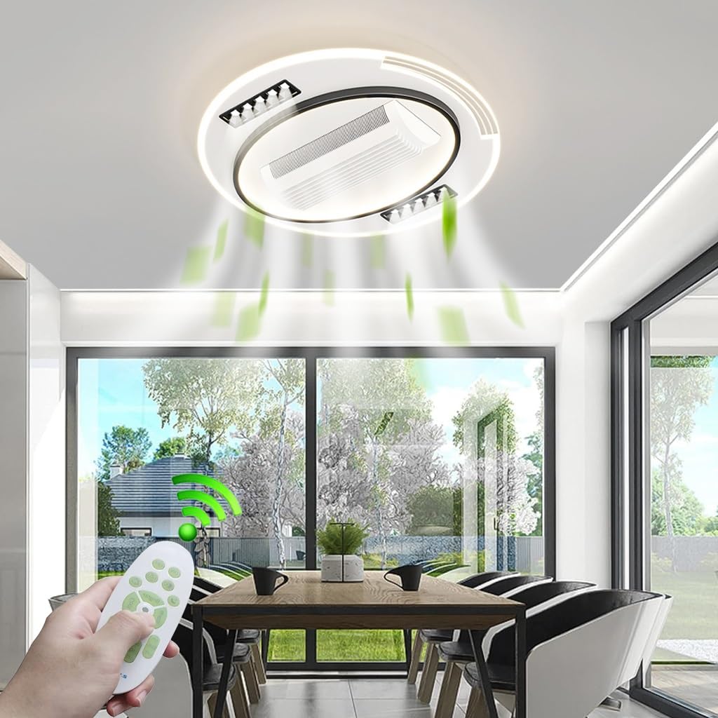 LYSDjia Modern Ceiling Fan with LED Light, Remote Control, Flush Mount, Bladeless, Black, Dimmable (C Style)