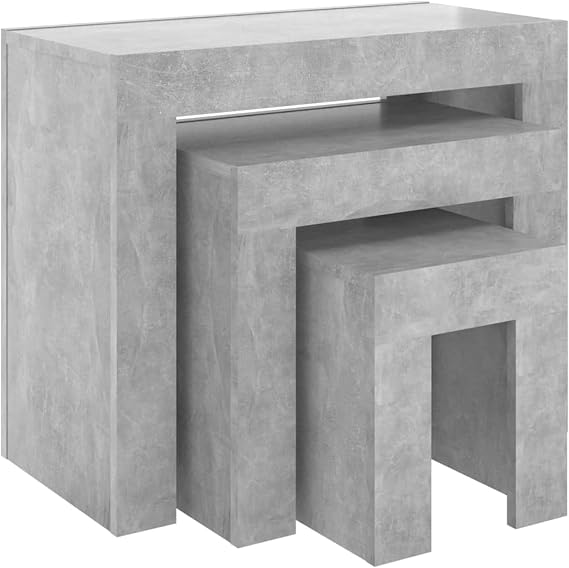 Nesting Coffee Table Set, 3 pcs Modern Minimalist Concrete Grey Chipboard Tables, 61 x 30 x 50 cm, 43 x 30 x 39 cm, 25 x 30 x 29 cm, Bedroom, Living Room, Office