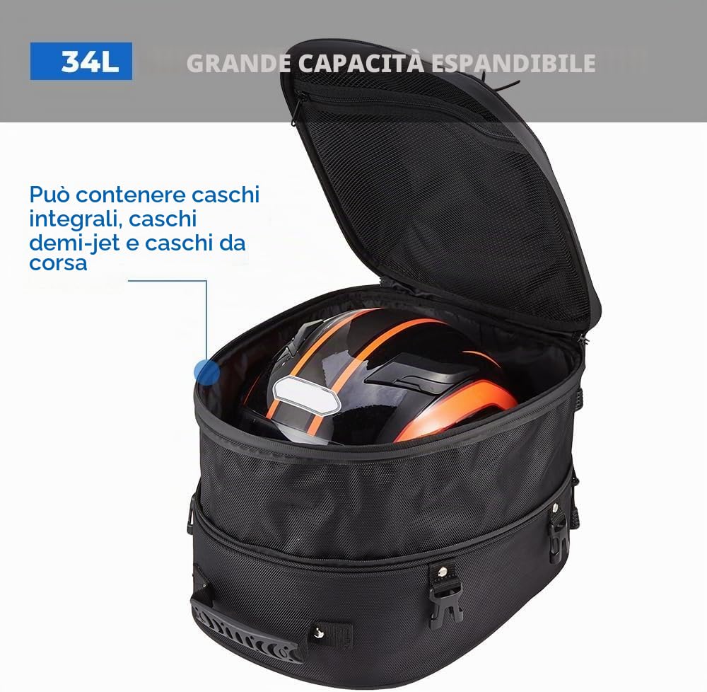 KEMIMOTO Borsa Sella Moto, 22-34L Borsa Posteriore Moto Estensibile con Copertura Antipioggia, Borse Porta-Casco Impermeabile con 6 Cinghie Per Motociclo