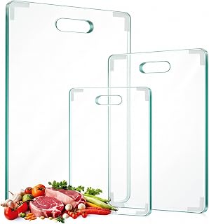 LemonRoad 3 Pcs Tempered Glass Cutting Board for Kitchen Counter, Glass Cutting Board with Handle and Non-slip Feet, Heat Scratch Shatter Resistant, Kitchen Decoration (8"x12" & 10"x14" & 12"x16")
