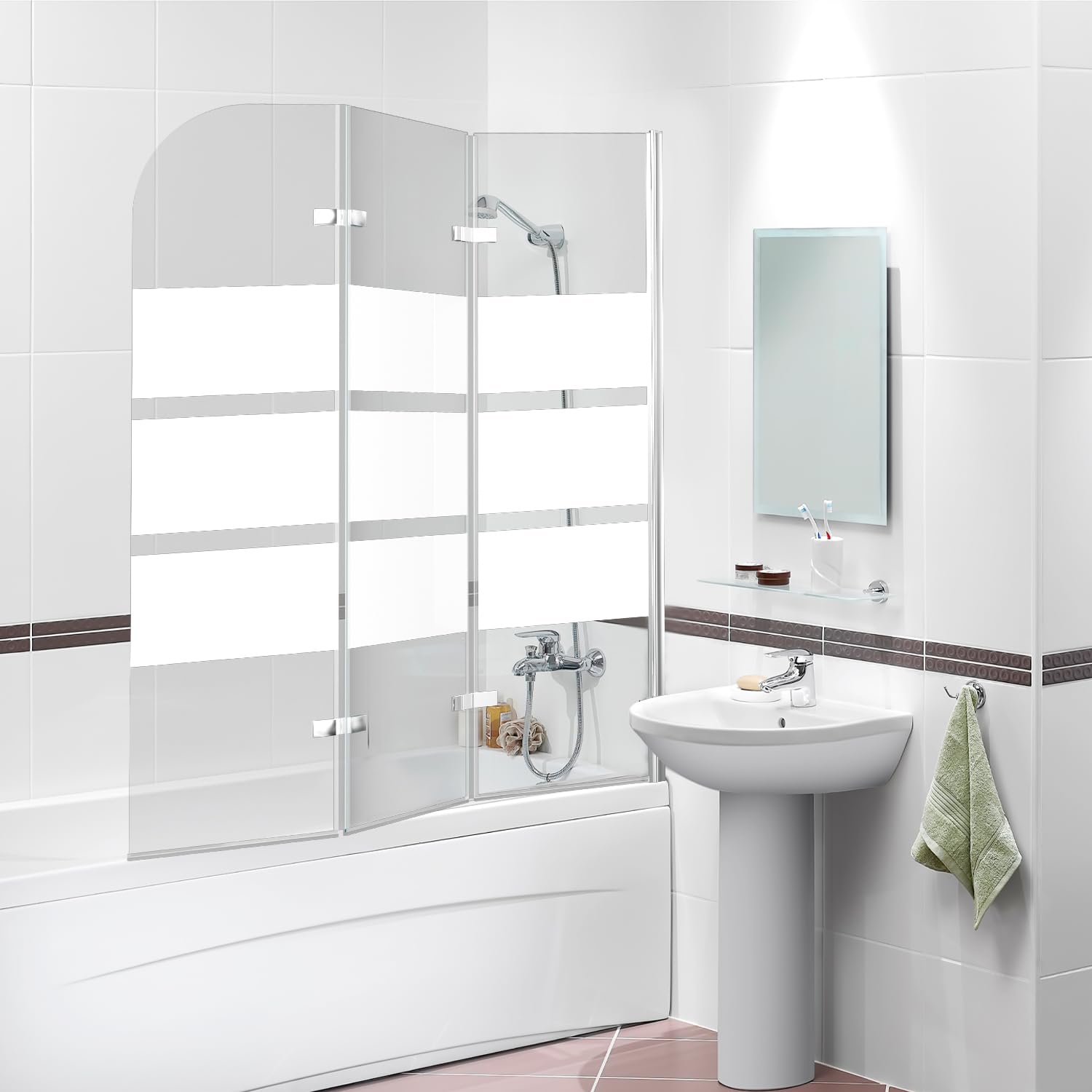 Duschwand für Badewanne 120x140cm, 3-Teilig Faltbar Duschwand Badewanne,mit 6mm ESG Sicherheitsglas,Badewannen Duschwand weiße Streifen,Glas Badewannenwand mit Badewannenaufsatz