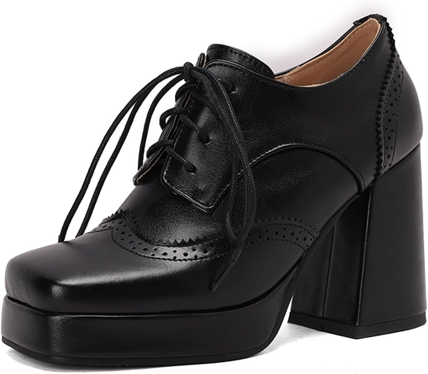 SHEMEE Multi-Colored Oxford Heels for Women Square Toe Chunky High Heels Platform Pumps Lace Up Derby Shoe Leisure Perforated Brogues Work Office Dress Shoes