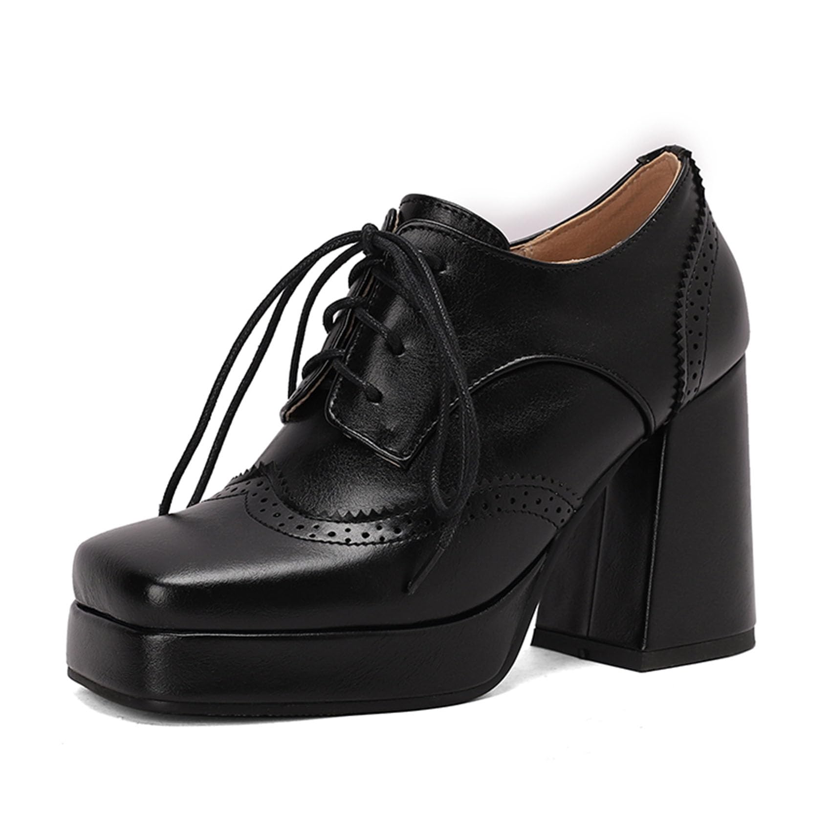 SHEMEE Multi-Colored Oxford Heels for Women Square Toe Chunky High Heels Platform Pumps Lace Up Derby Shoe Leisure