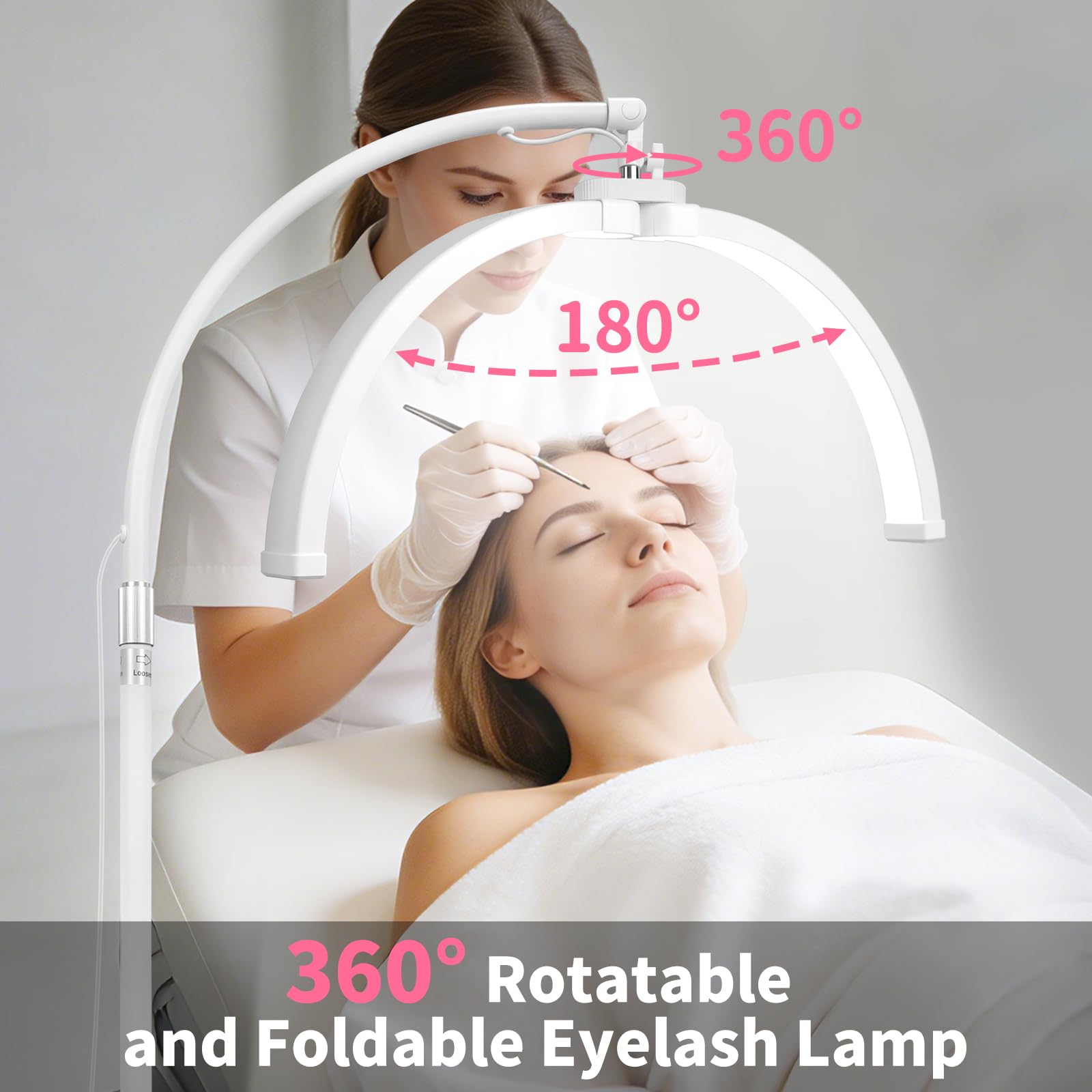 CGBE Halbmond Wimpern Lampe für Wimperntechnik: Faltbare LED Kosmetiklampe mit 360° Drehbarer Lichtkopf - Höhenverstellbar Dimmbare Stehlampe mit Handyhalter für Wimpernverlängerung Tattoo - Weiß