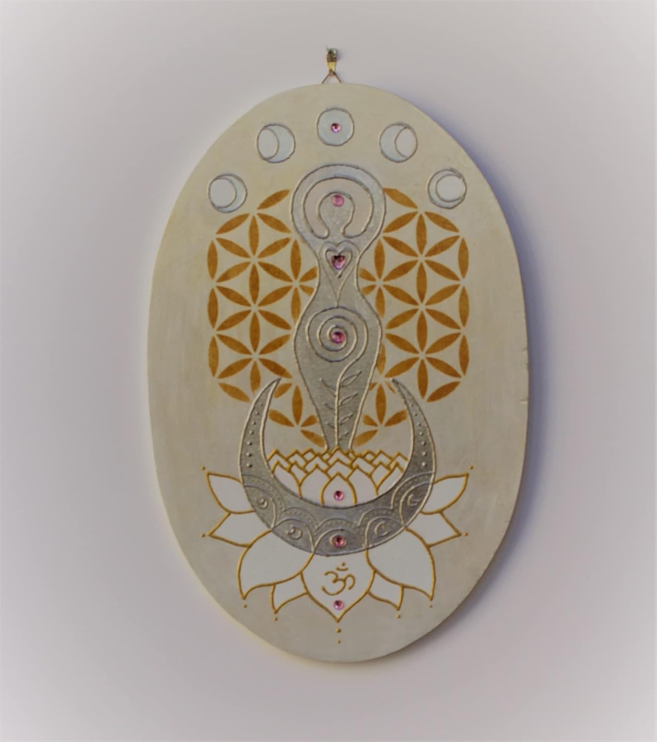 Pearl Beige Moon Goddess in Lotus Wall Hanging, Leaf Silver Gilded Sacred Divine Feminine with Flower of Life Art Painting and Home Decor, INaCHI Design for Happiness Series