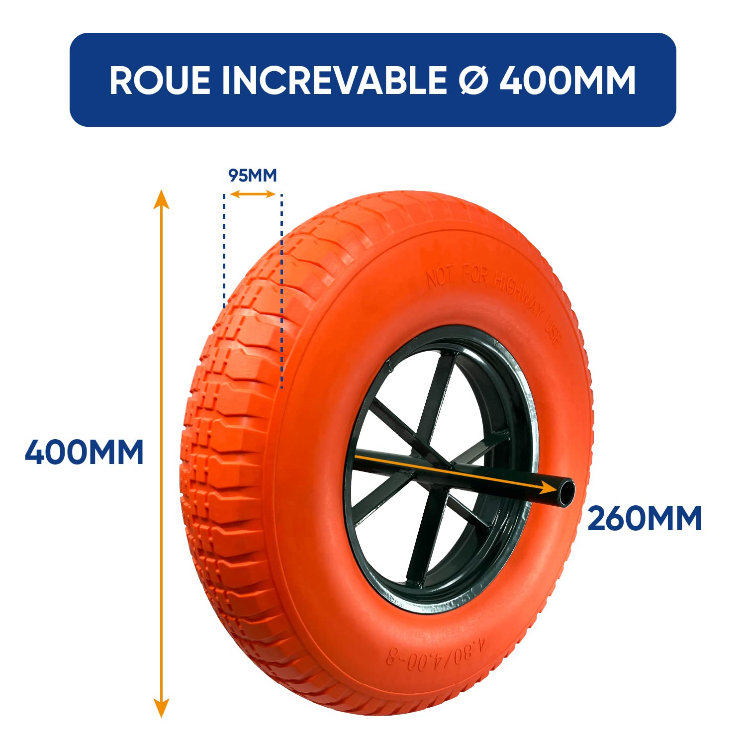 KELI - Roue Increvable, Diamètre 400mm, Axe 20mm, Charge Max. 250KG (550 lbs), Ultra Résistante, Idéal pour Brouette (Orange)