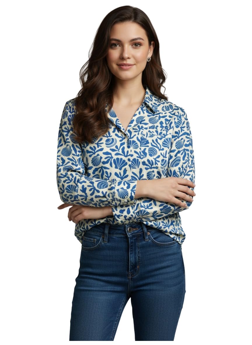 ANNI Designer Bedrucktes Damenhemd aus Baumwollmischgewebe, langärmelig, normale Passform, Hemdkragen, legere Bürokleidung, elegante Western-Kleidung für den Alltag, Hochzeit, Party