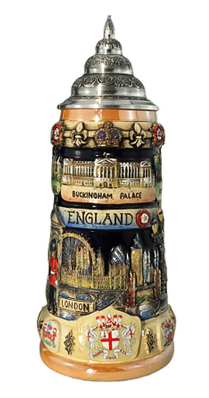 KING Boccale da Birra tedesco Panorama dall'Inghilterra 0,75 litri, cobalto, dipinto a mano, con coperchio