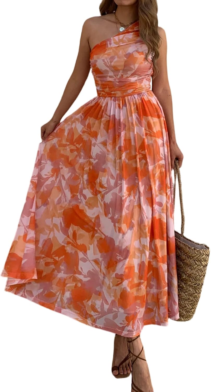 Women Summer One Shoulder Maxi Dress Sleeveless Ruched Mesh Long Beach Vacation Floral Sundresses Wedding Guest Dress
