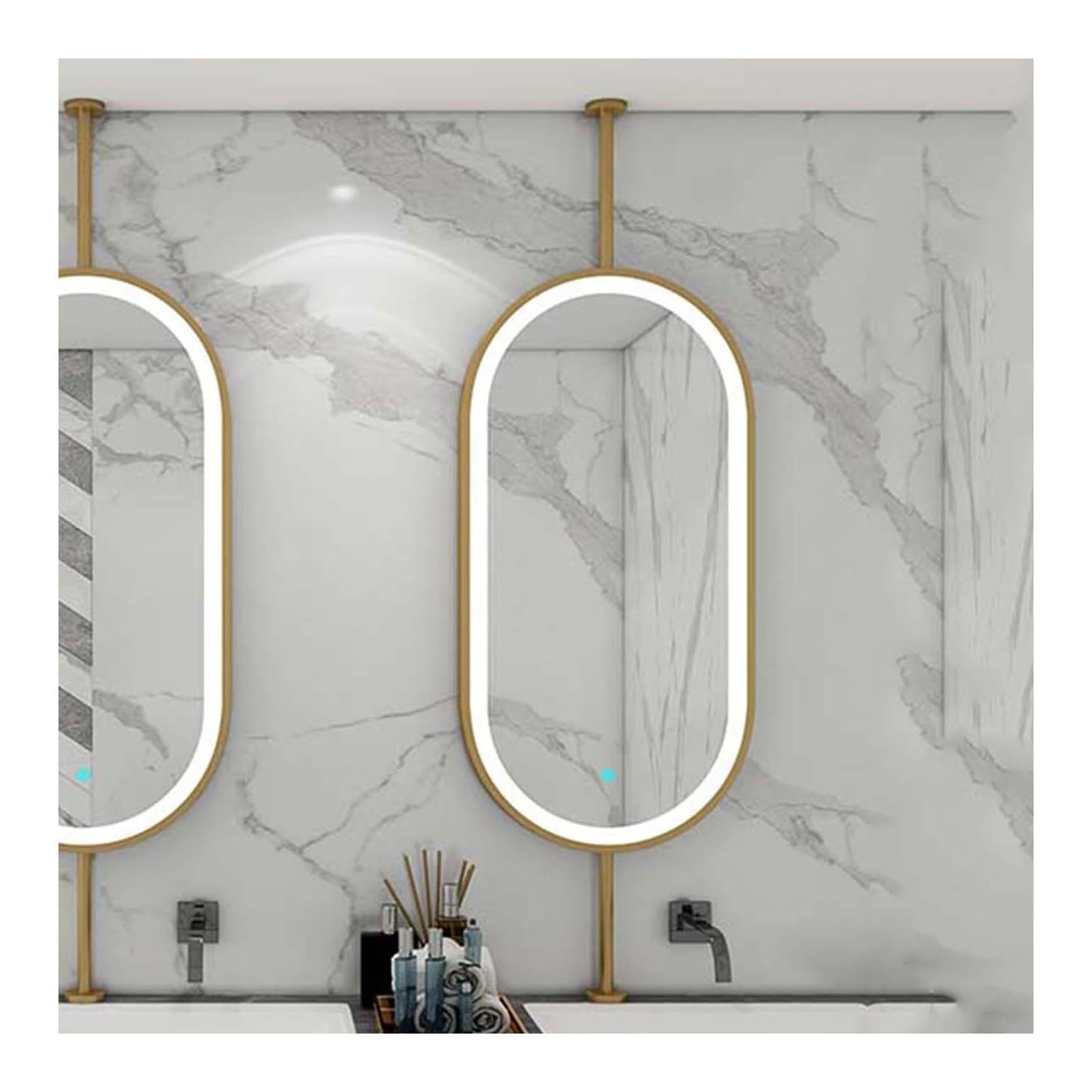 FGXHHS Oval Hanging Rod Mirror LED Light Bathroom, Bathroom Floating Large Decorative Vanity(Gold,50x80cm)
