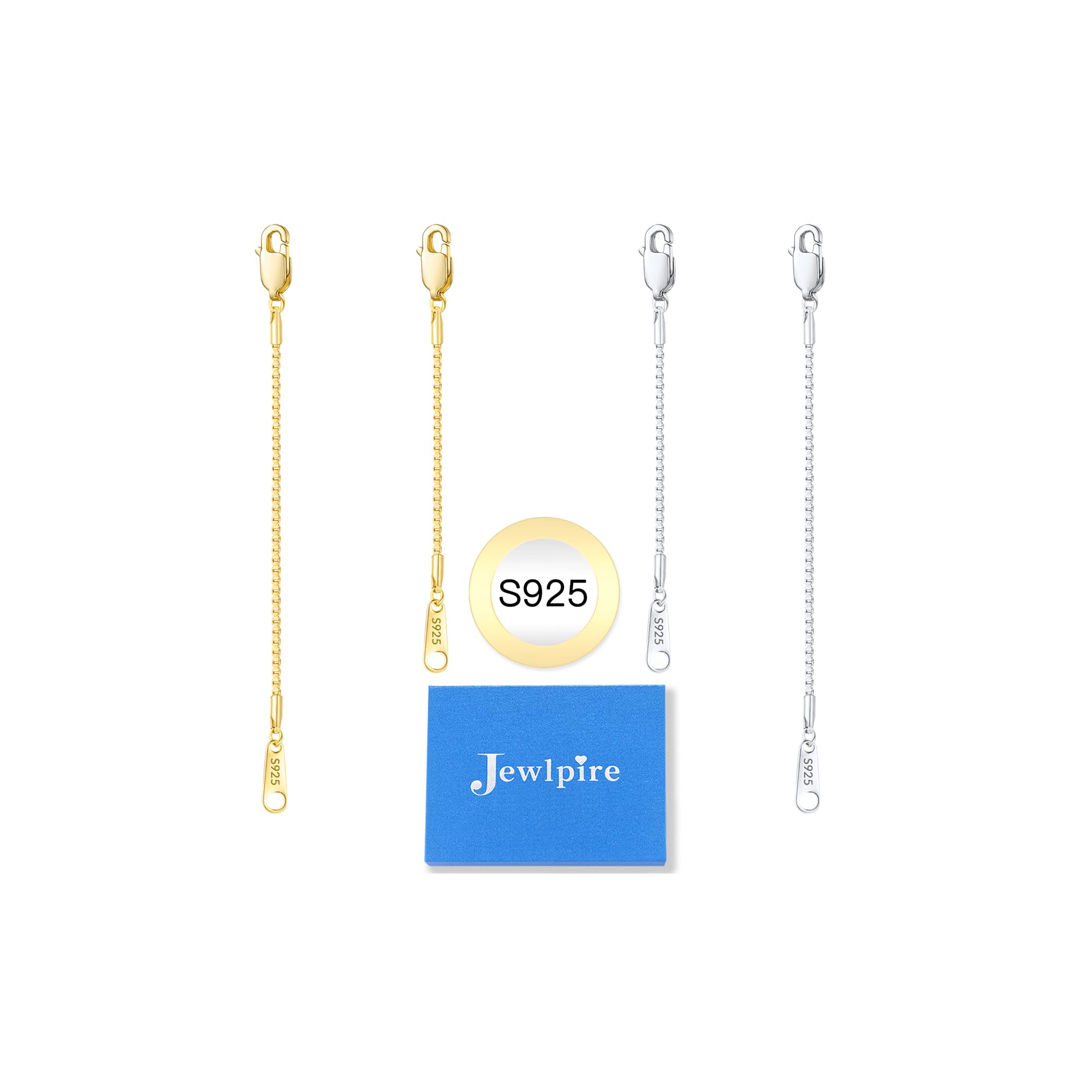 Jewlpire Necklace Extender for Women, 14k Gold Plated and 925 Sterling Silver Box Chain Extenders for Necklaces, Jewelry Extenders for Necklaces Bracelets Anklets 4 Piece (2", 3")