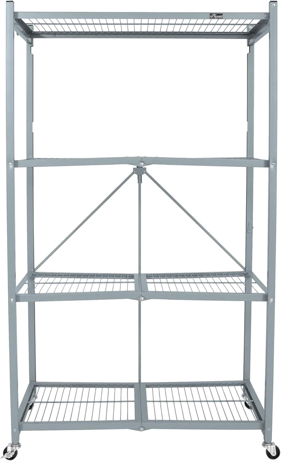 Close-up showing commercial-grade steel construction, four tiers of storage space, and four wheels for portability.