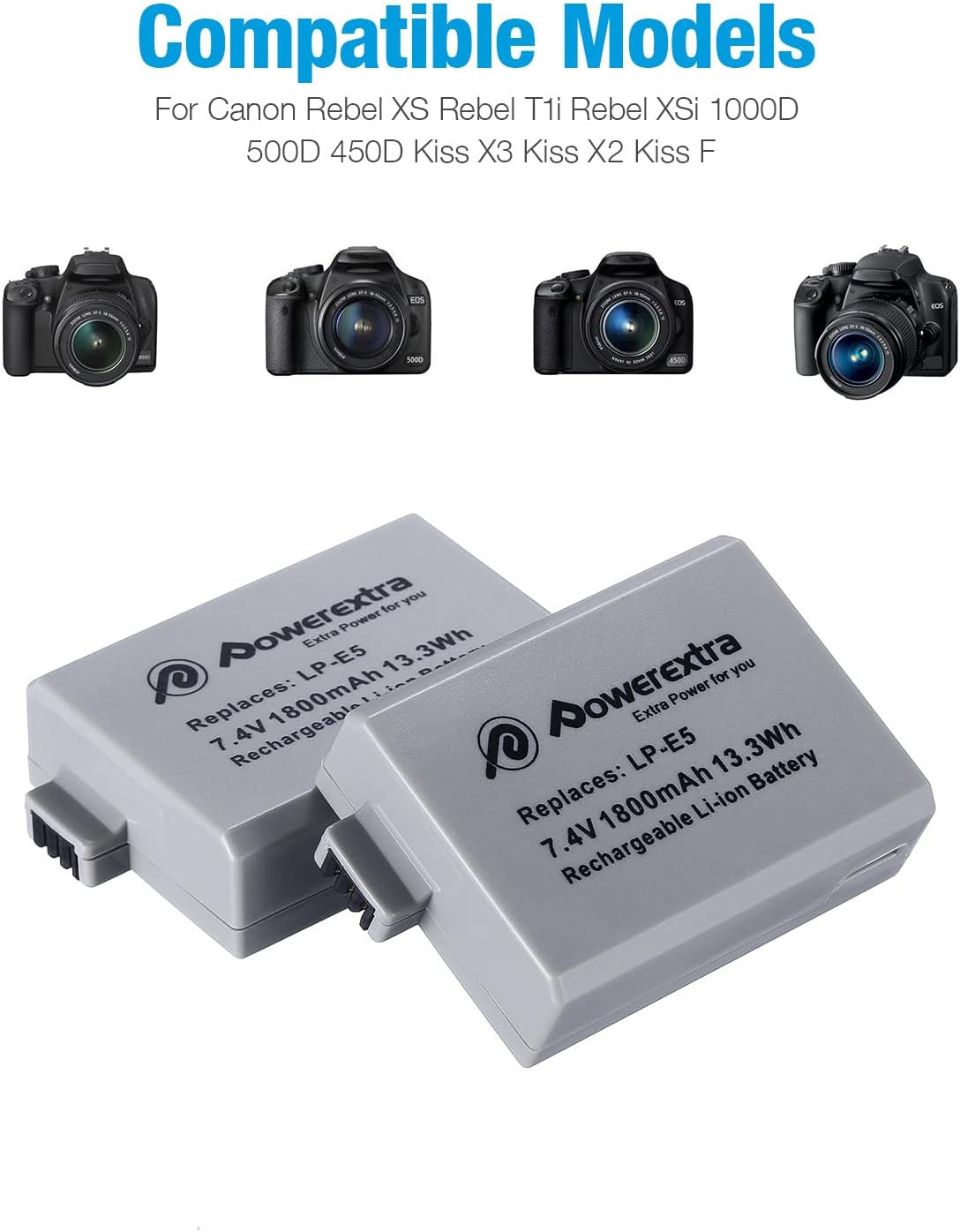 Powerextra 2 Pack LP E5 Battery and Charger Compatible with Canon LP-E5 Battery and Canon Rebel XS Rebel T1i Rebel XSi 1000D 500D 450D Kiss X3 Kiss X2 Kiss F- Free Car Charger Available