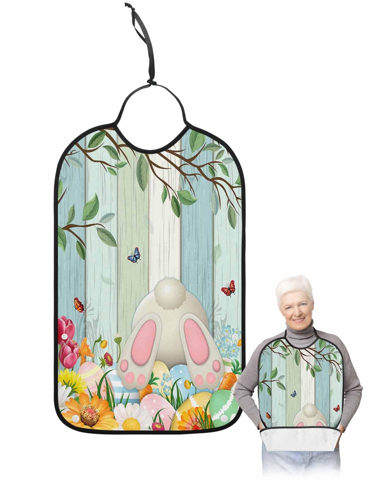 LEOKOTI Spring Easter Adult Bibs for Eating, Waterproof Bibs with Food Catcher & Adjustable Snap Closure, Colorful Eggs Bunny Flowers Teal Wooden Washable Clothing Protectors Adult Bibs for Elderly