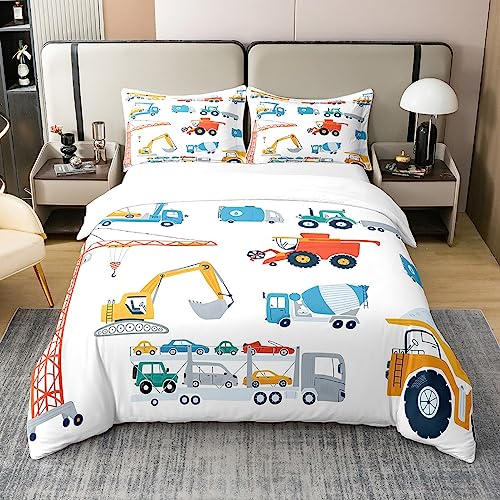 Cartoon Cars 100% Cotton Duvet Cover Twin,Colorful Working Building Machine Comforter Cover Cute Yellow Excavator Bedding Set for Kids Boys Girls,Red Blue Construction Vehicle Truck Car Quilt Cover