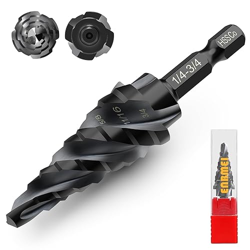 Miniatura 1 de Broca escalonada de cobalto M35 - 14 a 34 pulgadas (9 tamaños)- Flauta Unibit de cuatro espirales - vástago hexagonal de 14 pulgadas - Broca de