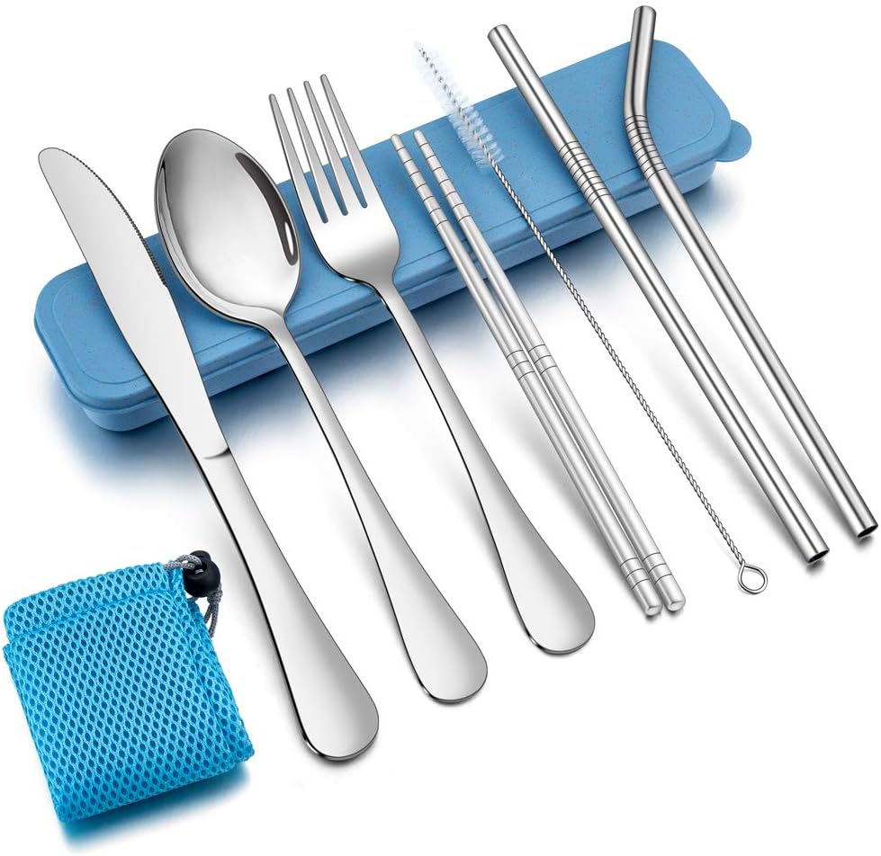 8-teiliges Reisebesteck Set Edelstahl - Campingbesteck Mit Tasche (Silber)