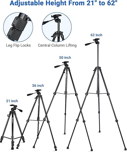 Vista 65 de Fotopro Trípode de fibra de carbono para cámara de 2 libras ultraligero 62 pulgadas trípode de cámara de viaje carga máxima 22lbs X-Aircross 3 gris