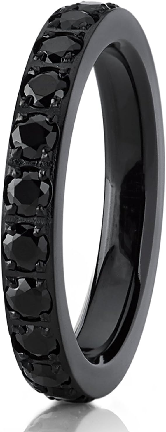 3MM 1.75Ct Womens Black Titanium Eternity Engagement Band Wedding Ring Black Pave Set Cubic Zirconia - Image 2