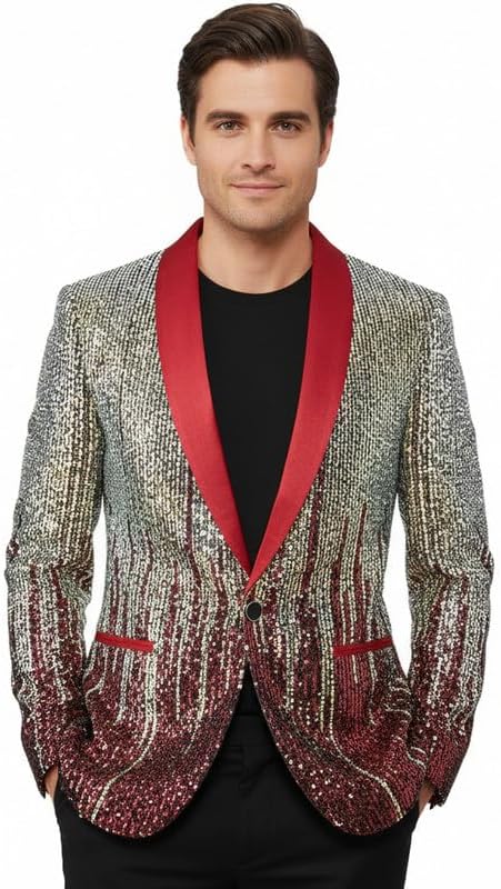 Mens Sequin Blazer Shawl Lapel One Button Gradient Suit Jacket with Pockets for Stage Performance Party