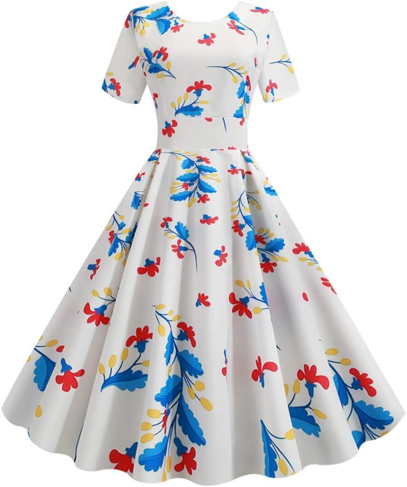 iTLOTL Audrey Hepburn Dresses for Women Casual V-Neck Print Evening Party Prom Swing Zipper Hepburn Dress White Party Dresses for Women(Small,White-F)