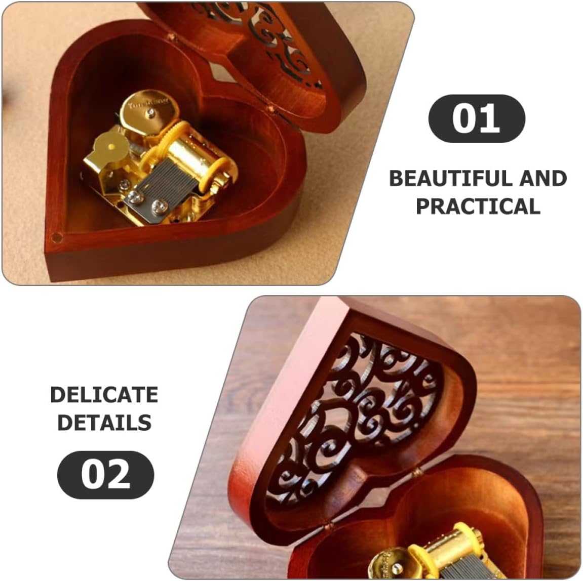 Milisten Vintage Heart-Shaped Wooden Music Box with Storage for Accessories image 5