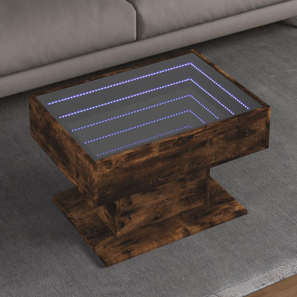 Table basse avec LED chêne fumé 70x50x45 cm en bois d'ingénierie