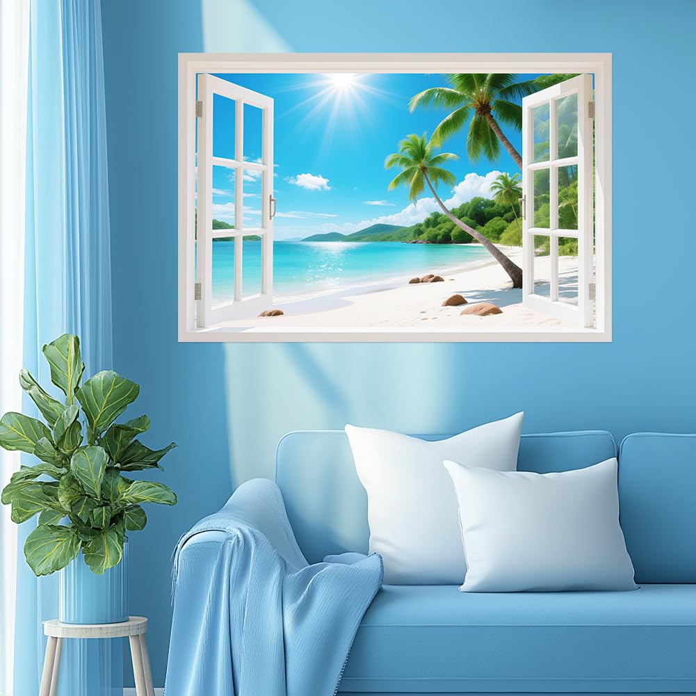 beinkmake 2pcs Summer Beach Wall Mural 3D Effect Island with Coconut Tree Faux Window Wall Decal Stick and Peel Wall Decals for Bathroom Bedroom Decor 11.8x35.4inch